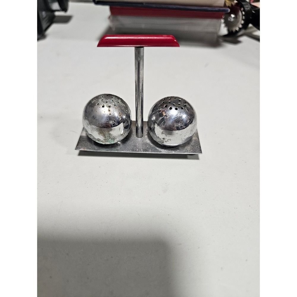 Vintage MCM Atomic Ball Salt and Pepper Shakers Chrome Red Handle T-Bar Stand